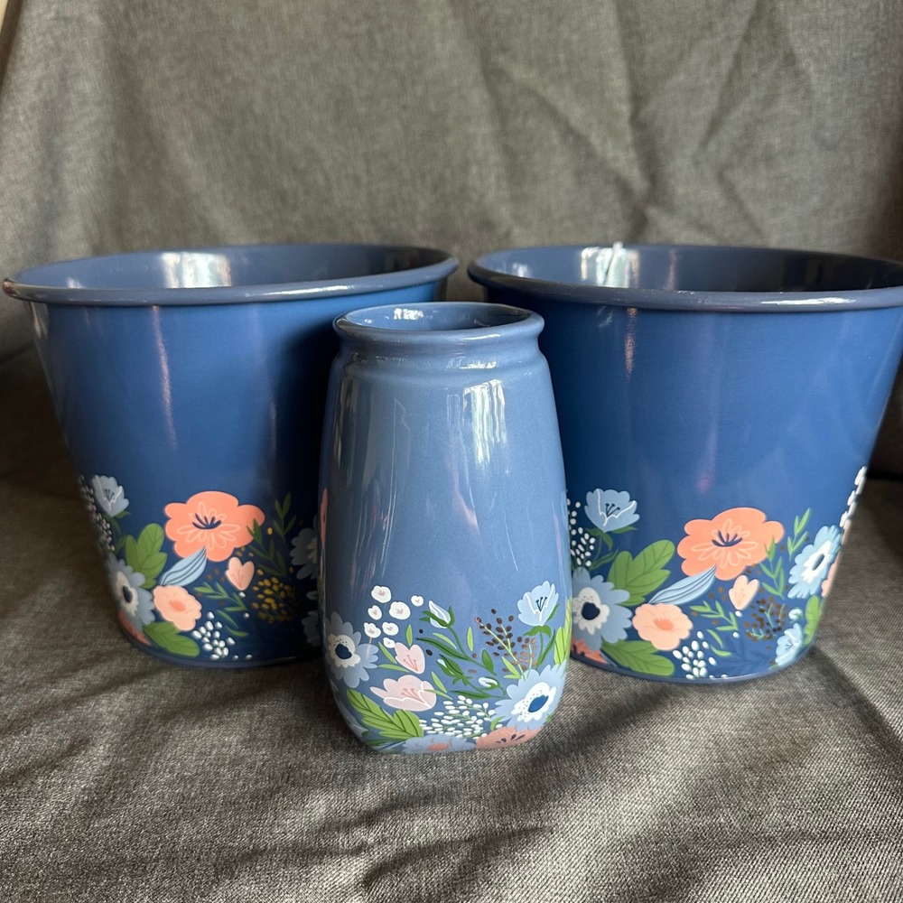 Debi Lilly Floral Mason Jar & Planter Set Small Blue Botanical Outdoor